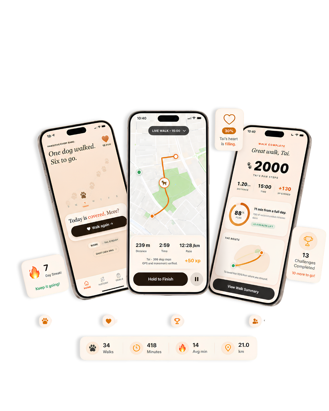 WalkBuddy iPhone screens showing home, live route, and walk summary