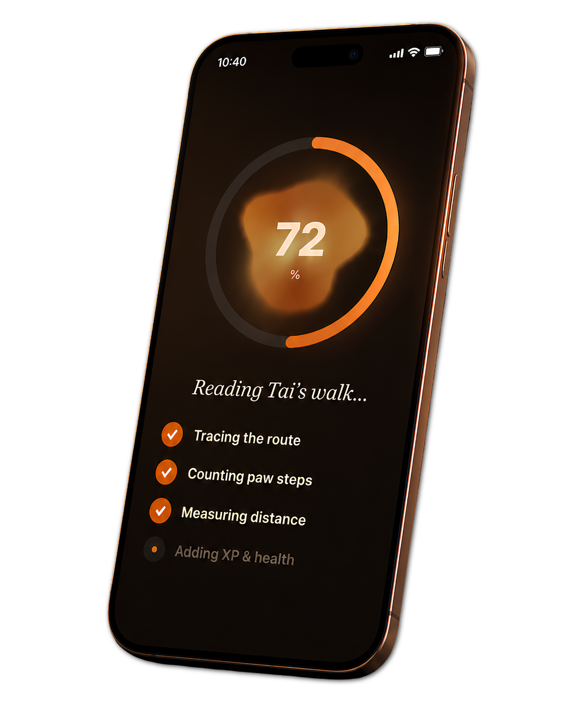 WalkBuddy dark reading walk progress screen