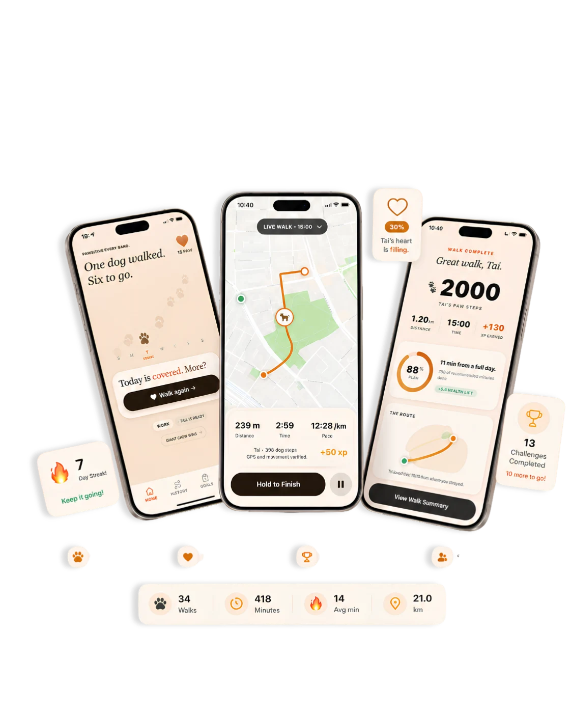 GetWalkBuddy app screens: home, live route and walk summary