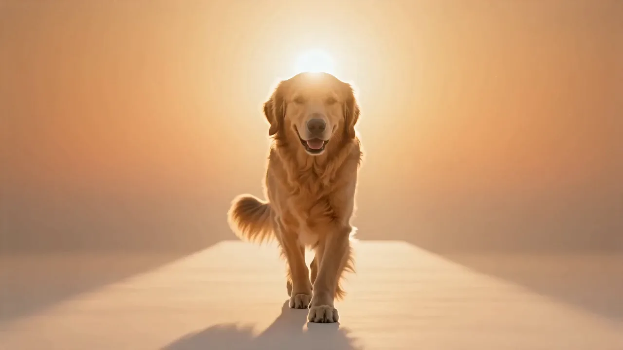 Golden retriever walking toward the camera in warm golden light